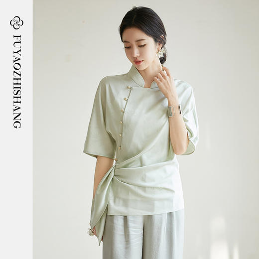 FUYAO扶摇【东方美学】国风斜襟小衫女2025新款轻奢醋酸提花衬衫 商品图1