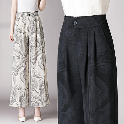 2025夏季新款胖MM大码女时尚韩版冰丝水墨画直筒款休闲高腰阔腿裤 商品图3