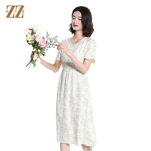 佐尔美夏季新款时尚气质碎花桑蚕丝短袖连衣裙女M42LS91 商品图2
