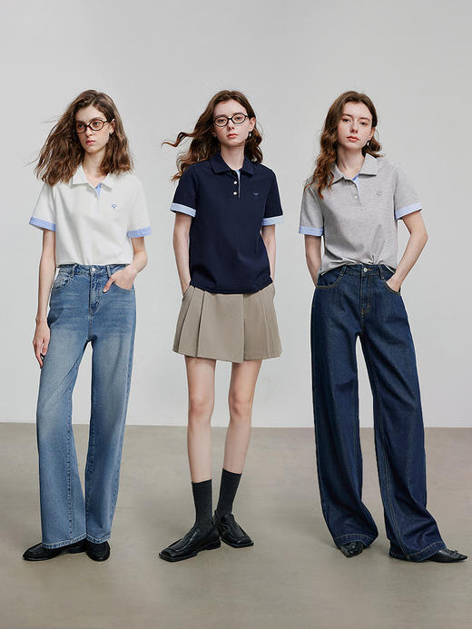 初语撞色条纹翻袖POLO衫女2025夏季新款珠地复古休闲小衫上衣 商品图4