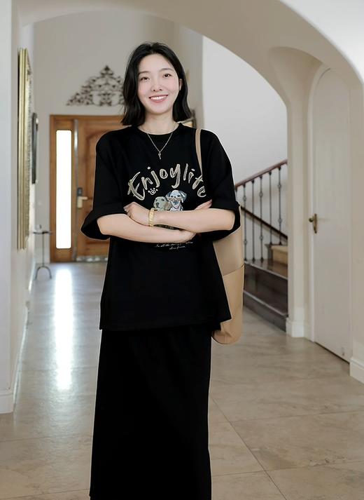 小狗印花休闲宽松显瘦短袖T恤＋松紧腰半身裙一套 商品图10