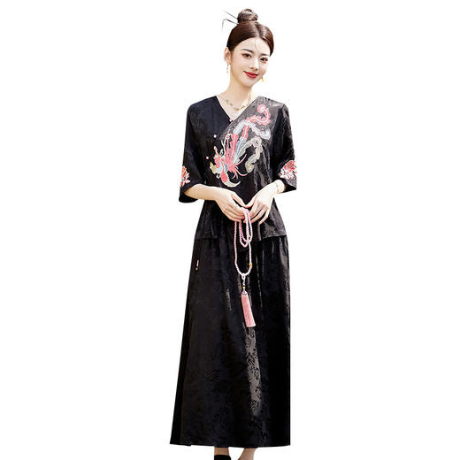 新中式刺绣套装女2025夏季新款时尚显瘦改良汉服旗袍半身裙两件套HR-YBER110 商品图4