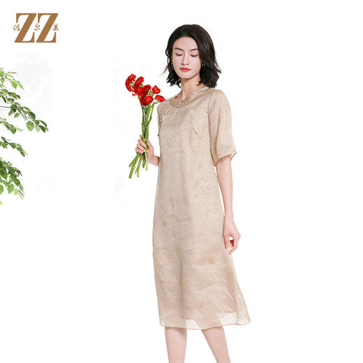 佐尔美夏季新款新中式国风桑蚕丝短袖连衣裙女M42LS92 商品图2