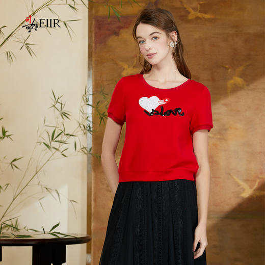 司歌针织弹力绣花圆领T恤短袖女宽松F911058Y 商品图0