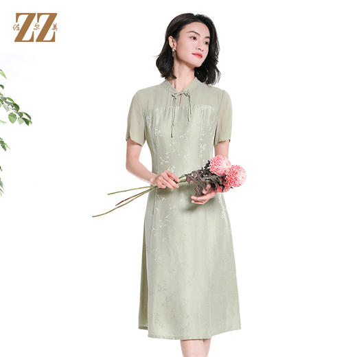佐尔美夏季新款新中式国风桑蚕丝短袖连衣裙女M42LS87 商品图1