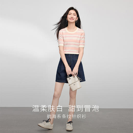 【专属特价】熙世界多巴胺条纹冰丝针织衫女夏季薄款2025年新款短袖绝美小上衣 商品图2