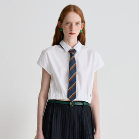 谜底衬衫女2025夏季新品通勤微落肩无袖前短后长白衬衣252MC0646