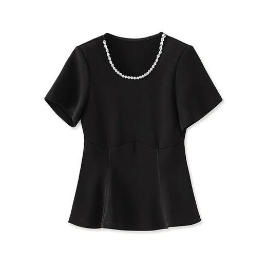 「高货wl」全新升级【铂金会员165/天猫219/差价54】(00401)洛诗琳夏季新款时髦洋气重工钉珠圆领束腰鱼尾天丝短袖T恤00401 商品图4