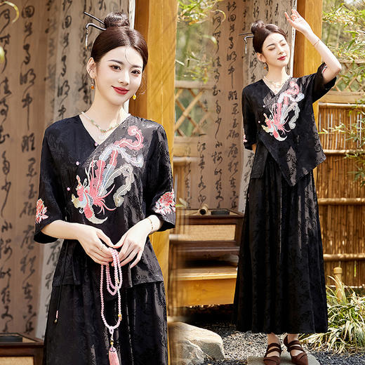 新中式刺绣套装女2025夏季新款时尚显瘦改良汉服旗袍半身裙两件套HR-YBER110 商品图0