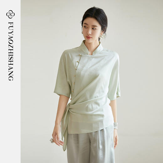 FUYAO扶摇【东方美学】国风斜襟小衫女2025新款轻奢醋酸提花衬衫 商品图3