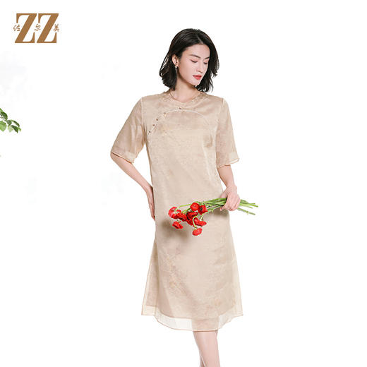 佐尔美夏季新款新中式国风桑蚕丝短袖连衣裙女M42LS92 商品图1