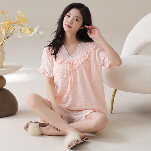 自然醒梵花云朵棉（带胸垫）睡衣女款夏季短袖短裤薄款花边甜美风女士家居服QH 商品图13