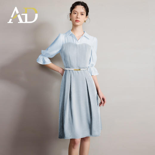 AD夏季蓝色连衣裙女轻奢高级感气质衬衫领拼接优雅设计感西装裙子 商品图1