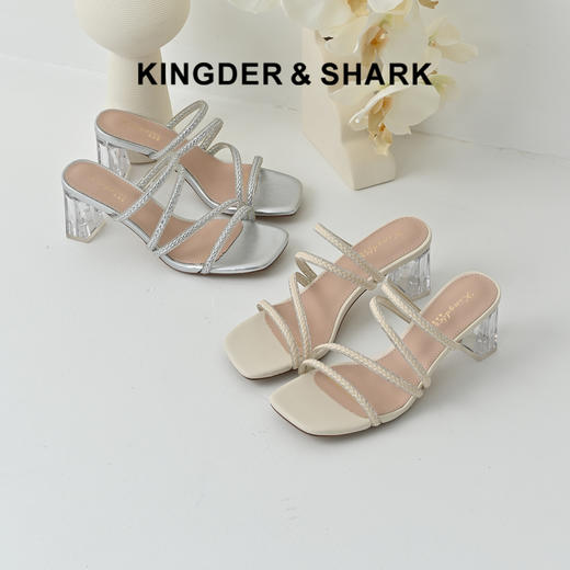 经典鲨2025夏季款时尚简约6.5cm高粗跟一字带气质水钻凉鞋女KW119-529061 商品图0