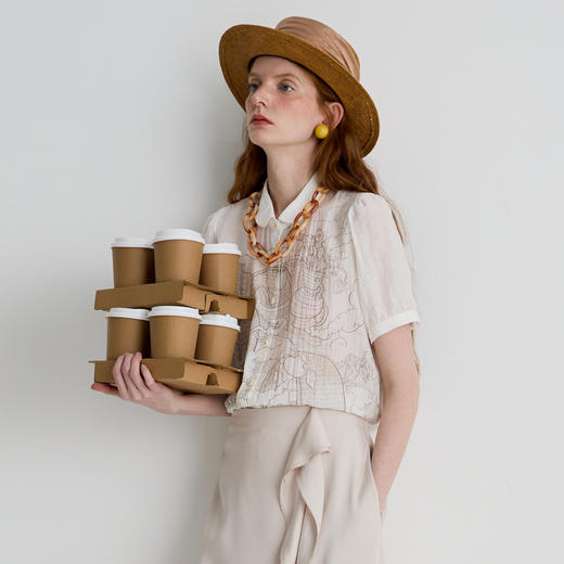 谜底衬衫短袖女2025夏季新品复古风通勤泡泡袖宽松衬衣252MC0648 商品图1