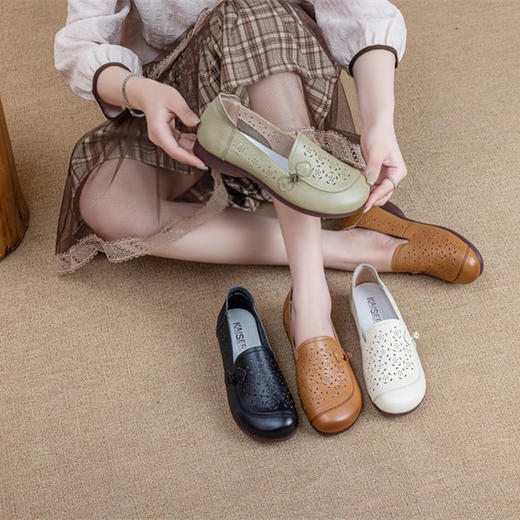 【母亲节礼物 下单送袜子】意大利KAISER 凯撒头层牛皮新中式镂空妈妈鞋 巨软巨好穿！（KS7881款） 商品图1