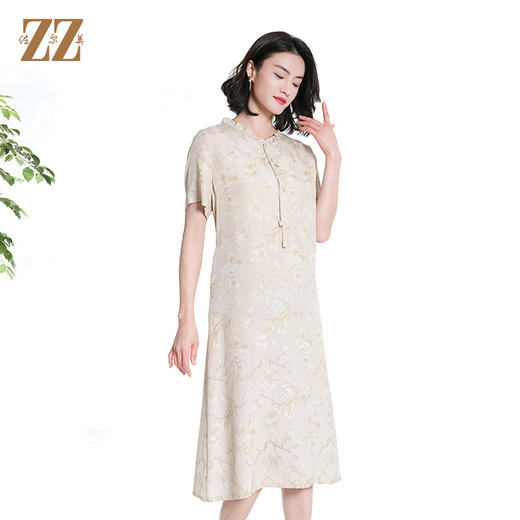 佐尔美夏季新款新中式国风碎花桑蚕丝短袖连衣裙女M42LS88 商品图3