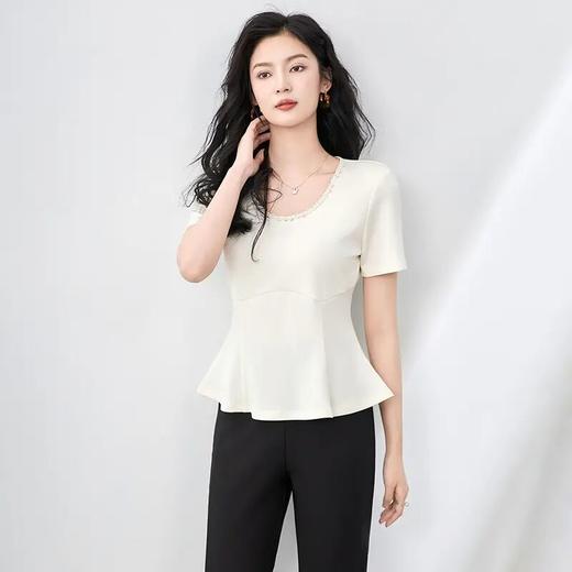 「高货wl」全新升级【铂金会员165/天猫219/差价54】(00401)洛诗琳夏季新款时髦洋气重工钉珠圆领束腰鱼尾天丝短袖T恤00401 商品图1