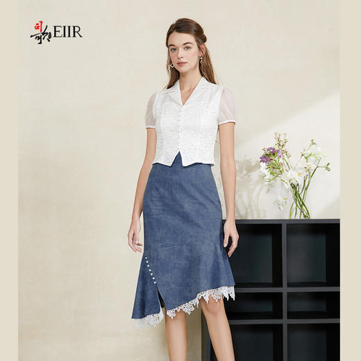 司歌蕾丝短袖v领收腰上衣T911012x 商品图1