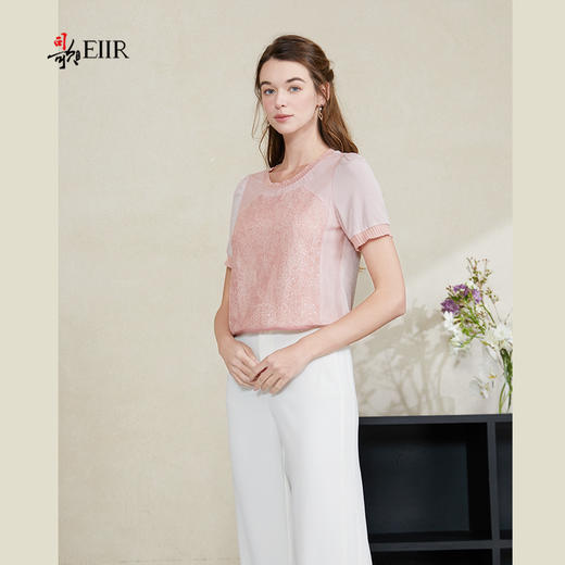 司歌醋酸拼接蕾丝针织短袖上衣女夏T911062y 商品图1