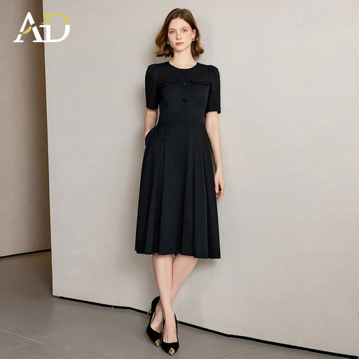 AD法式黑色连衣裙女高级感抗皱麻料圆领大摆裙中长款职场通勤女装 商品图2