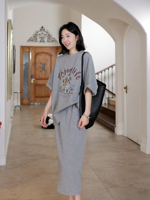 小狗印花休闲宽松显瘦短袖T恤＋松紧腰半身裙一套 商品图5