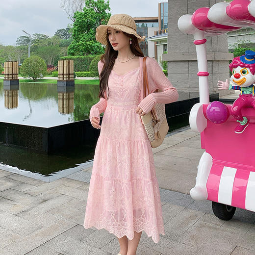 奢姿大码女装2025夏季蕾丝吊带绣花连衣裙两件套胖妹妹时尚套装9952956382 商品图0