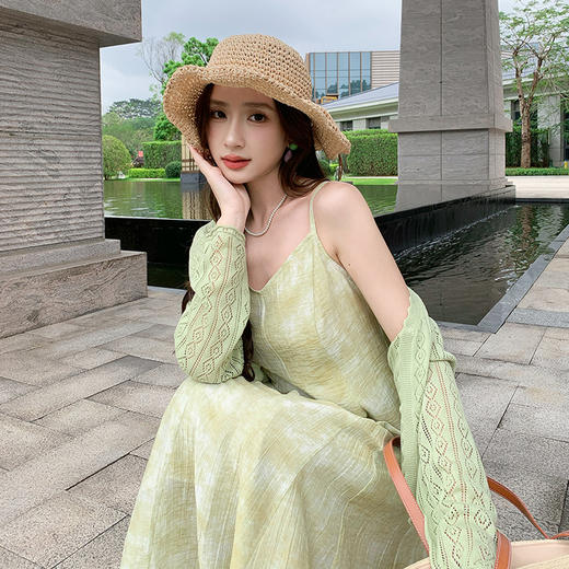 奢姿大码女装夏季胖妹妹镂空针织衫吊带小V领清新套装连衣裙9952953216AB 商品图2