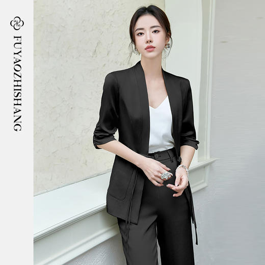 FUYAO扶摇 醋酸两件套女2025新款夏季时尚套装国风盘扣西装直筒裤 商品图0