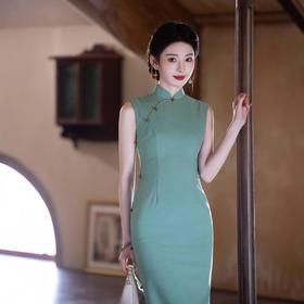 2025春夏新款旗袍年轻款绿色修身无袖旗袍新中式高端气质优雅旗袍JLM6135