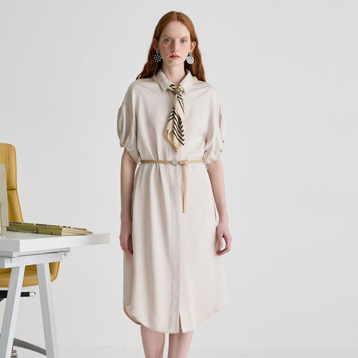 谜底连衣裙短袖女2025夏季新品通勤宽松中长裙子配腰带252ML0671 商品图0