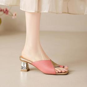 【预售5天】夏日必备复古百搭时尚露趾方头拼色高跟凉鞋MBJR&6895