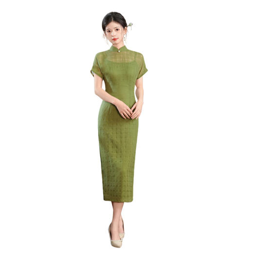 古法连肩袖香云纱绿色高贵雪纺高端2025新款修身春夏款旗袍TX8898 商品图4