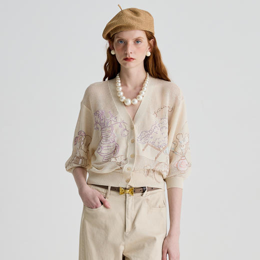 谜底针织开衫短袖女2025夏季新品复古文艺宽松T型针织衫252MZ0855 商品图0