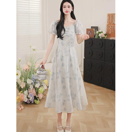 鹿向南「夏日繁花」清新气质连衣裙女夏季新款设计感高腰A字长裙QJD00350 商品图1