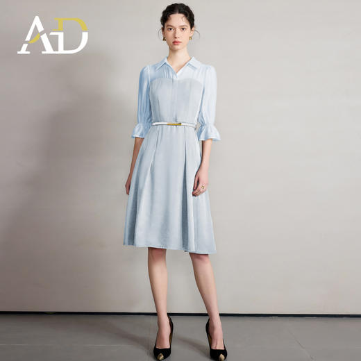 AD夏季蓝色连衣裙女轻奢高级感气质衬衫领拼接优雅设计感西装裙子 商品图0