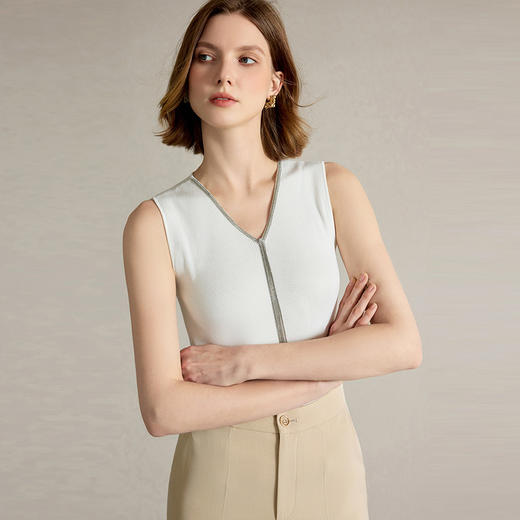 AD2025新款白色醋酸无袖针织背心精致V领镶钻设计感简约百搭上衣 商品图4