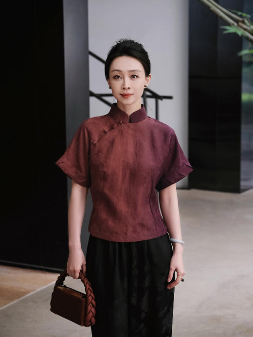 盛唐牡丹| 渐变色香云纱提花偏襟短袖上衣 商品图0