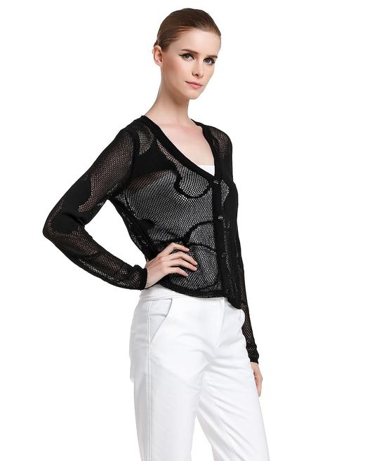 4894415320336 JOAN&DAVID 黑色修身镂空开襟长袖针织衫 商品图3