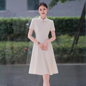 IWY/新中式国风盘扣连衣裙米白色夏季新款复古时尚优雅收腰显瘦A字裙子1024Q103