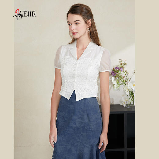 司歌蕾丝短袖v领收腰上衣T911012x 商品图0