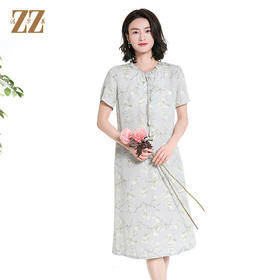 佐尔美夏季新款新中式国风碎花桑蚕丝短袖连衣裙女M42LS88