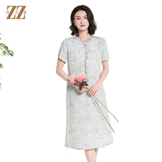 佐尔美夏季新款新中式国风碎花桑蚕丝短袖连衣裙女M42LS88 商品图0