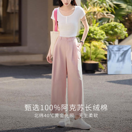 【专属特价】熙世界100%纯棉九分阔腿裤女夏季薄款通勤高腰宽松卷边直筒休闲裤 商品图2