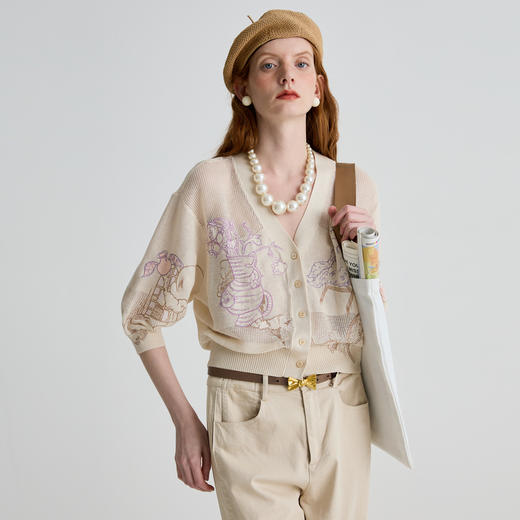 谜底针织开衫短袖女2025夏季新品复古文艺宽松T型针织衫252MZ0855 商品图1