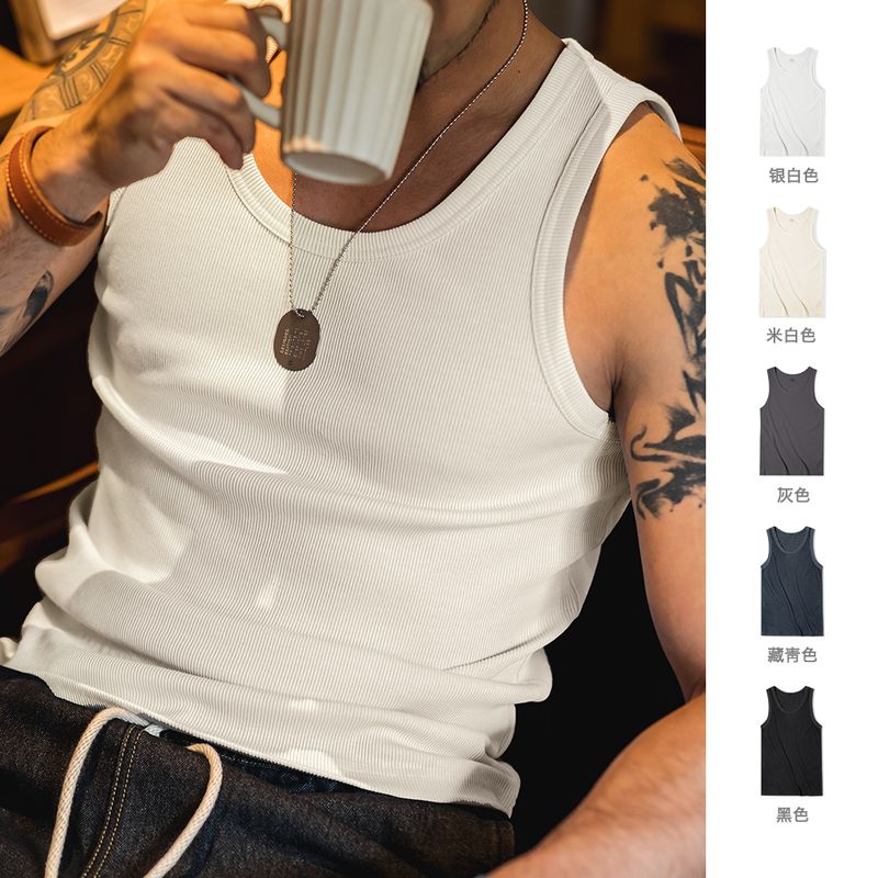 工装优选复古白色棉健身背心运动老头汗衫跨栏重磅螺纹坎肩打底男