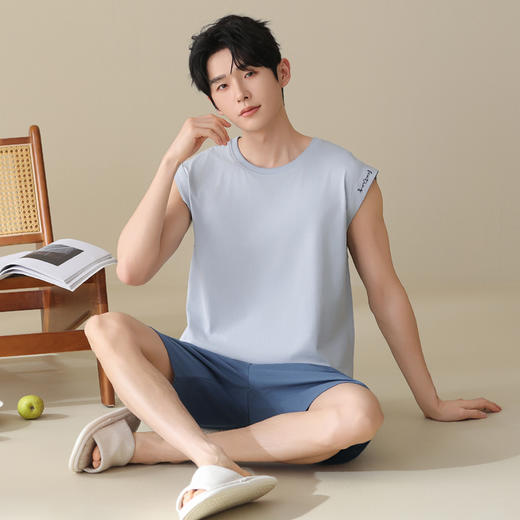 芬腾睡衣男无袖夏季纯棉圆领套头可外穿休闲宽松背心短裤运动套装 商品图0