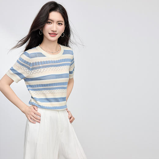 【夏季新品】熙世界法式撞色条纹镂空薄针织衫女短袖圆领冰丝上衣2025夏日新款 商品图3