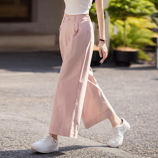 【专属特价】熙世界100%纯棉九分阔腿裤女夏季薄款通勤高腰宽松卷边直筒休闲裤 商品图3