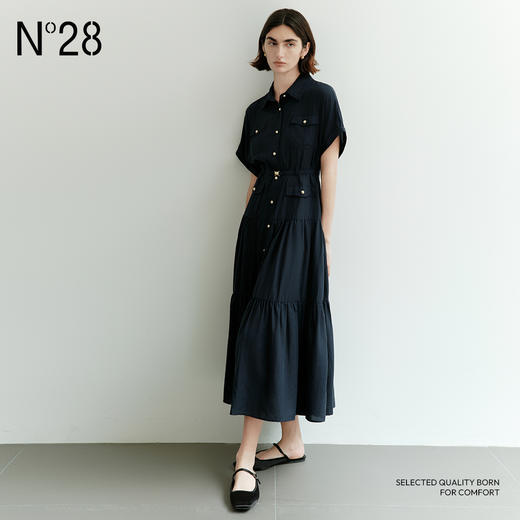 【破价】N°28 夏季法式设计感工装衬衫领连衣裙女中长款束腰显瘦垂感裙子单排扣长裙885252L590/885252L591 商品图6